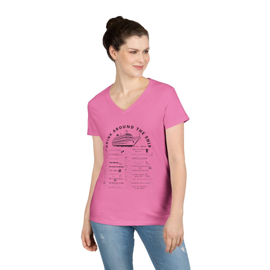 Ladies V-Neck Shirt in AZALEA, designed for the Virgin Voyages Resilient Lady Cruise Ship, featuring BLACK text and Drink Around the Ship Bar Crawl Graphics Displaying All 20 bars and lounges onboard.