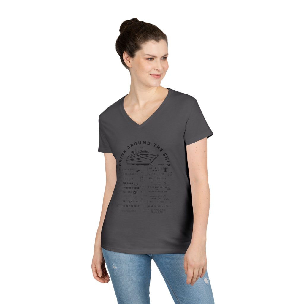 Ladies V-Neck Shirt in CHARCOAL, designed for the Virgin Voyages Resilient Lady Cruise Ship, featuring BLACK text and Drink Around the Ship Bar Crawl Graphics Displaying All 20 bars and lounges onboard.