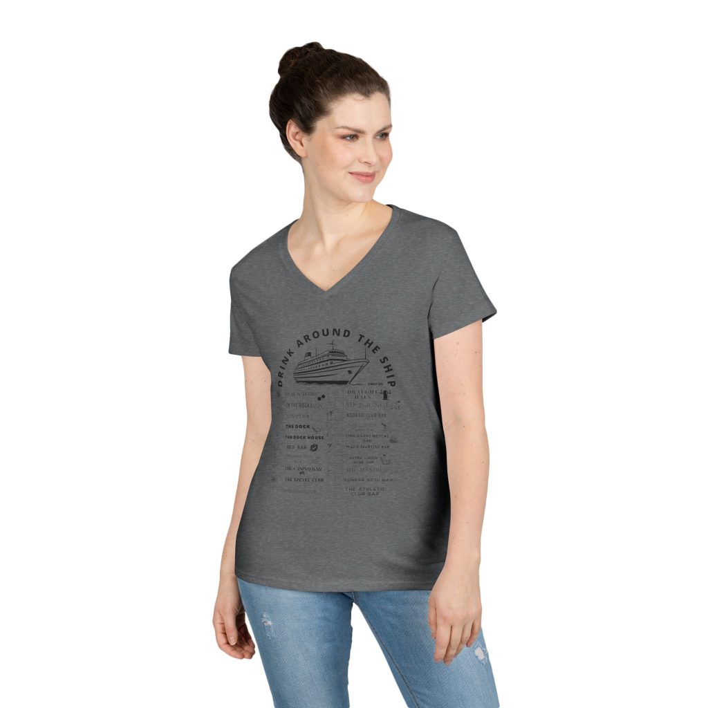 Ladies V-Neck Shirt in GRAPHITE, designed for the Virgin Voyages Resilient Lady Cruise Ship, featuring BLACK text and Drink Around the Ship Bar Crawl Graphics Displaying All 20 bars and lounges onboard.