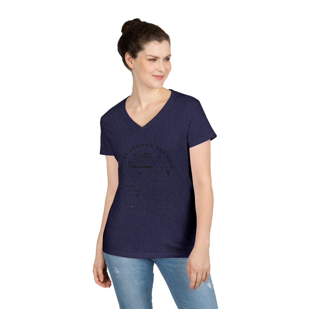 Ladies V-Neck Shirt in HEATHER NAVY, designed for the Virgin Voyages Resilient Lady Cruise Ship, featuring BLACK text and Drink Around the Ship Bar Crawl Graphics Displaying All 20 bars and lounges onboard.