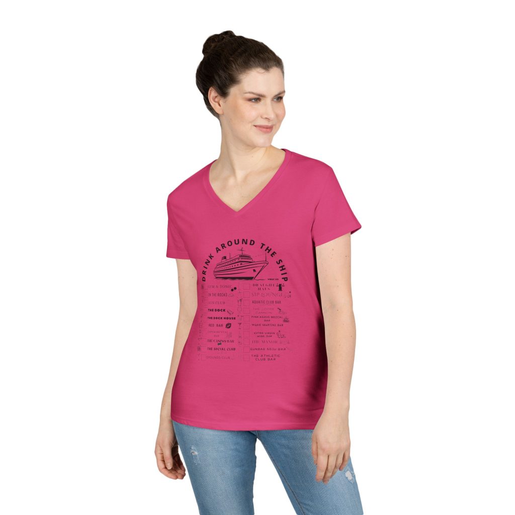 Ladies V-Neck Shirt in HELCONIA, designed for the Virgin Voyages Resilient Lady Cruise Ship, featuring BLACK text and Drink Around the Ship Bar Crawl Graphics Displaying All 20 bars and lounges onboard.