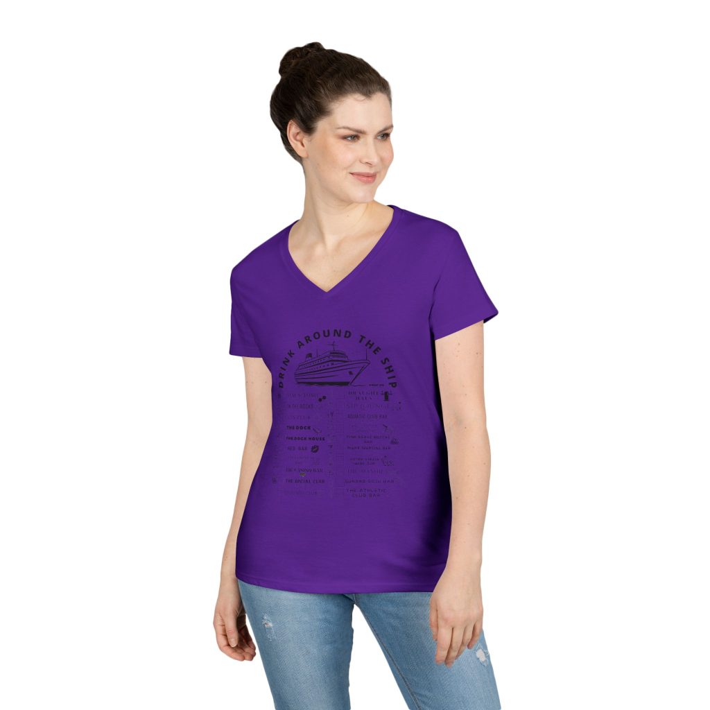 Ladies V-Neck Shirt in PURPLE, designed for the Virgin Voyages Resilient Lady Cruise Ship, featuring BLACK text and Drink Around the Ship Bar Crawl Graphics Displaying All 20 bars and lounges onboard.