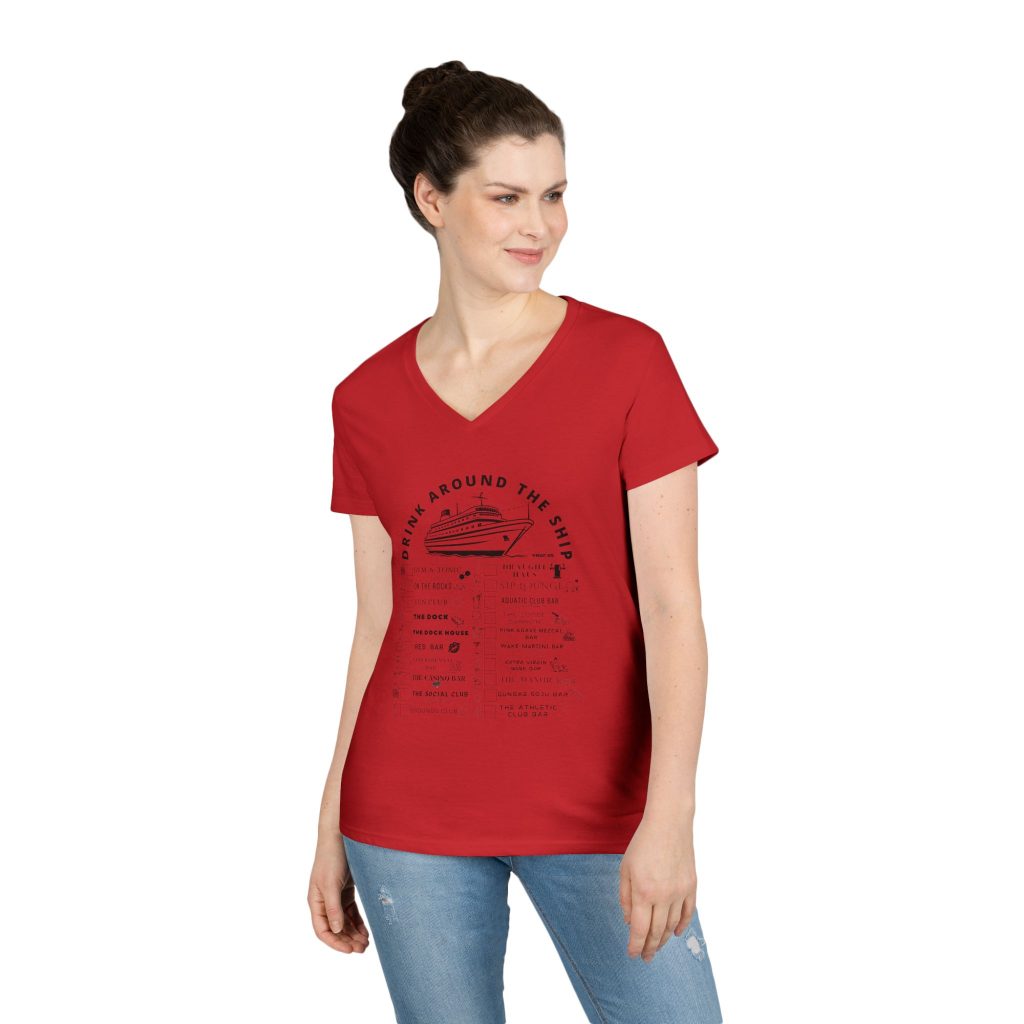 Ladies V-Neck Shirt in RED, designed for the Virgin Voyages Resilient Lady Cruise Ship, featuring BLACK text and Drink Around the Ship Bar Crawl Graphics Displaying All 20 bars and lounges onboard.