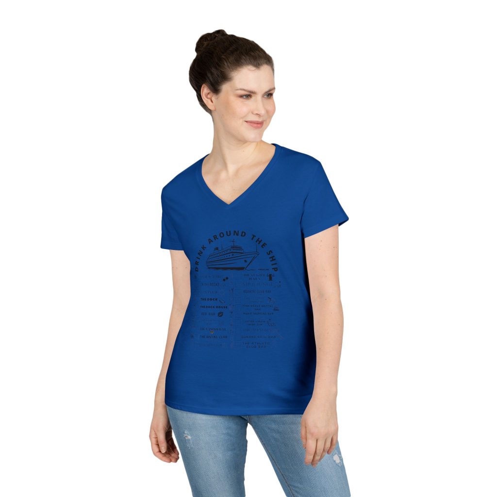 Ladies V-Neck Shirt in ROYAL BLUE, designed for the Virgin Voyages Resilient Lady Cruise Ship, featuring BLACK text and Drink Around the Ship Bar Crawl Graphics Displaying All 20 bars and lounges onboard.
