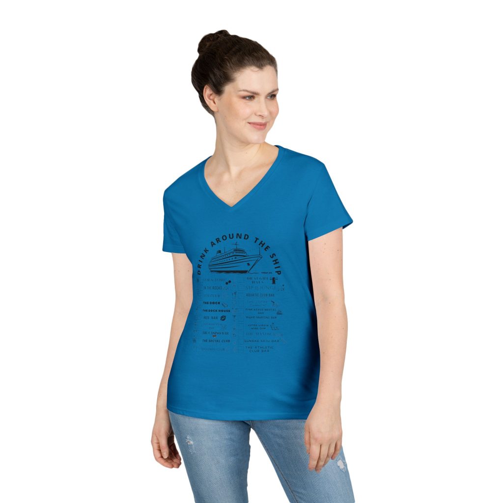 Ladies V-Neck Shirt in SAPPHIRE, designed for the Virgin Voyages Resilient Lady Cruise Ship, featuring BLACK text and Drink Around the Ship Bar Crawl Graphics Displaying All 20 bars and lounges onboard.