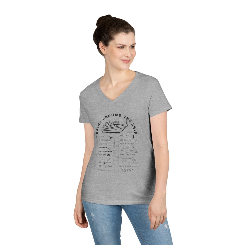 Ladies V-Neck Shirt in SPORT GREY, designed for the Virgin Voyages Resilient Lady Cruise Ship, featuring BLACK text and Drink Around the Ship Bar Crawl Graphics Displaying All 20 bars and lounges onboard.