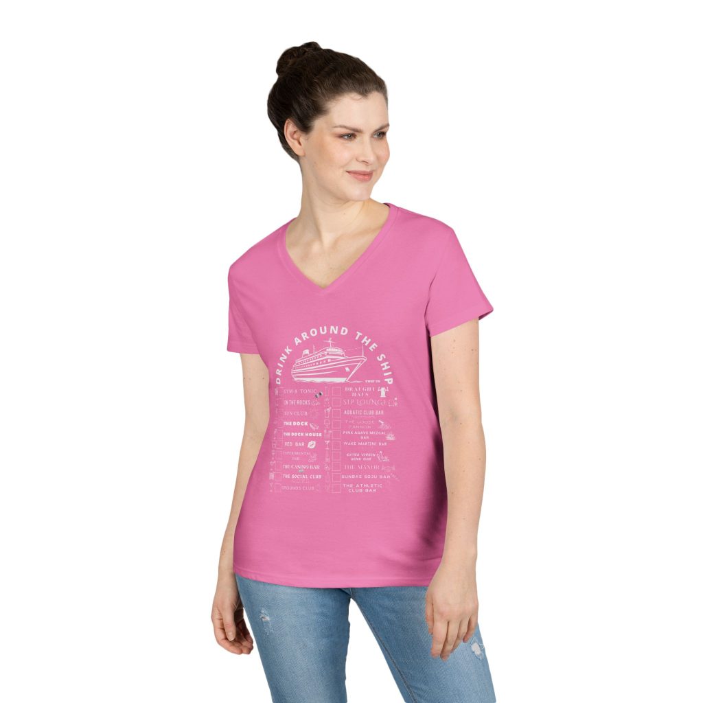 Ladies V-Neck Shirt in AZALEA Designed For The Virgin Voyages Resilient Lady Cruise Ship With a Drink Around The Ship Bar Crawl Graphic Displaying All 20 Bars & Lounges Onboard.
