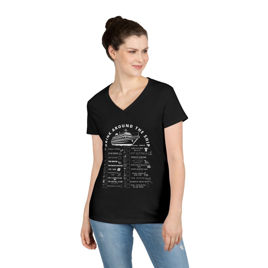 Ladies V-Neck Shirt in BLACK, designed for the Virgin Voyages Resilient Lady Cruise Ship, featuring WHITE text and Drink Around the Ship Bar Crawl Graphics Displaying All 20 bars and lounges onboard.