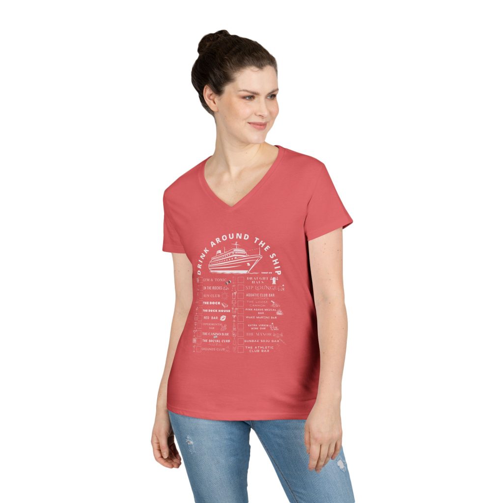 Ladies V-Neck Shirt in CORAL SILK Designed For The Virgin Voyages Resilient Lady Cruise Ship With a Drink Around The Ship Bar Crawl Graphic Displaying All 20 Bars & Lounges Onboard.