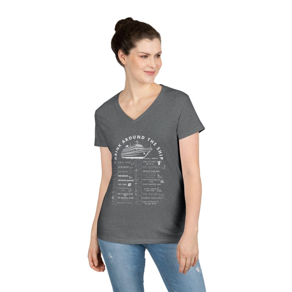 Ladies V-Neck Shirt in GRAPHITE HEATHER Designed For The Virgin Voyages Resilient Lady Cruise Ship With a Drink Around The Ship Bar Crawl Graphic Displaying All 20 Bars & Lounges Onboard.