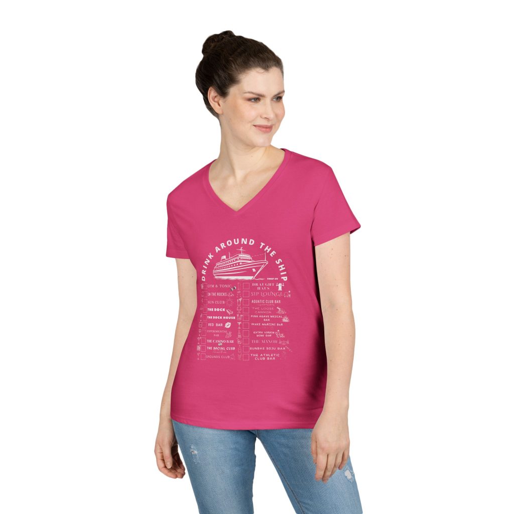 Ladies V-Neck Shirt in HELCONIA Designed For The Virgin Voyages Resilient Lady Cruise Ship With a Drink Around The Ship Bar Crawl Graphic Displaying All 20 Bars & Lounges Onboard.