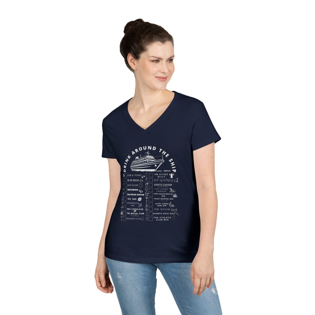 Ladies V-Neck Shirt in NAVY Designed For The Virgin Voyages Resilient Lady Cruise Ship With a Drink Around The Ship Bar Crawl Graphic Displaying All 20 Bars & Lounges Onboard.