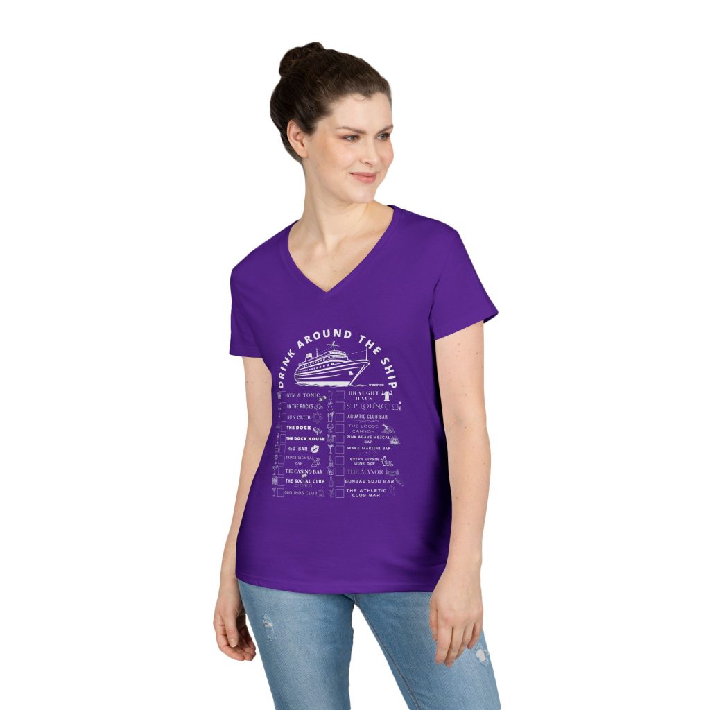 Ladies V-Neck Shirt in PURPLE Designed For The Virgin Voyages Resilient Lady Cruise Ship With a Drink Around The Ship Bar Crawl Graphic Displaying All 20 Bars & Lounges Onboard.