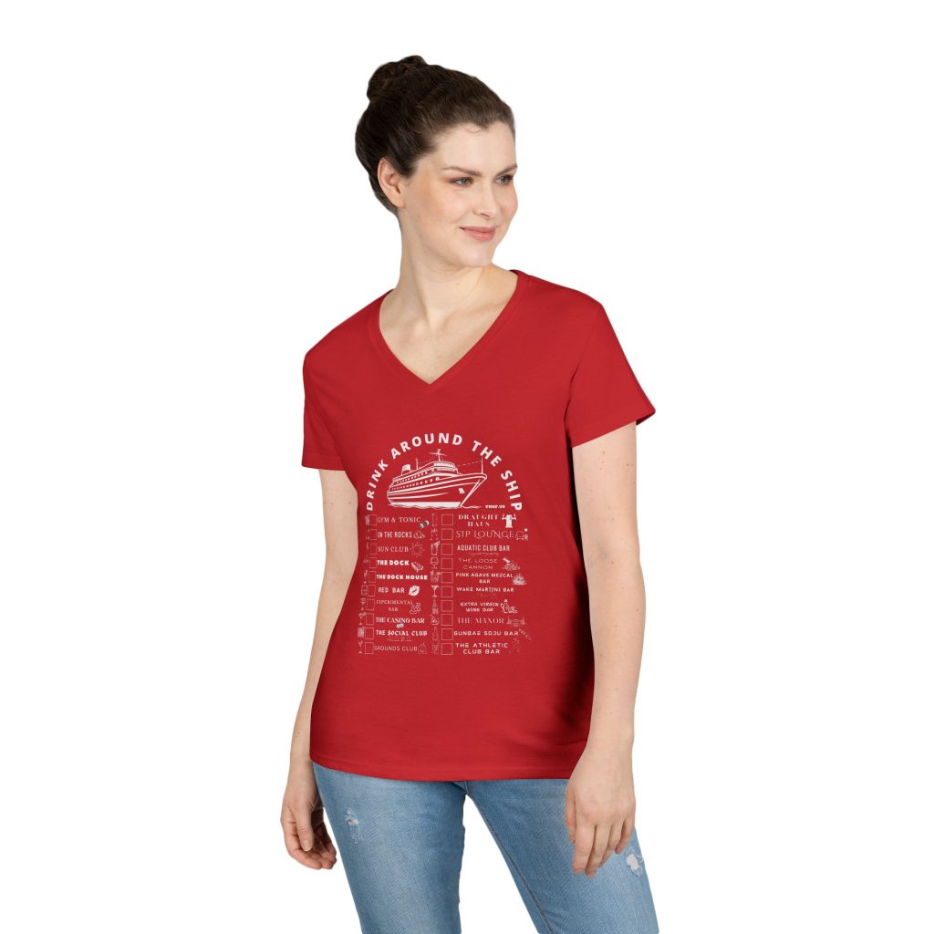 Ladies V-Neck Shirt in RED Designed For The Virgin Voyages Resilient Lady Cruise Ship With a Drink Around The Ship Bar Crawl Graphic Displaying All 20 Bars & Lounges Onboard.