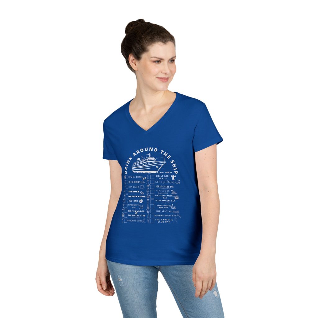 Ladies V-Neck Shirt in ROYAL BLUE Designed For The Virgin Voyages Resilient Lady Cruise Ship With a Drink Around The Ship Bar Crawl Graphic Displaying All 20 Bars & Lounges Onboard.