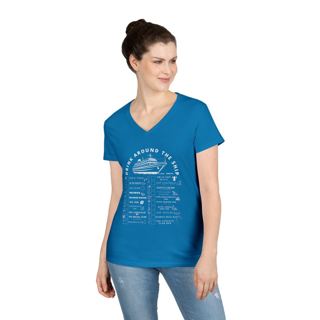 Ladies V-Neck Shirt in SAPPHIRE Designed For The Virgin Voyages Resilient Lady Cruise Ship With a Drink Around The Ship Bar Crawl Graphic Displaying All 20 Bars & Lounges Onboard.