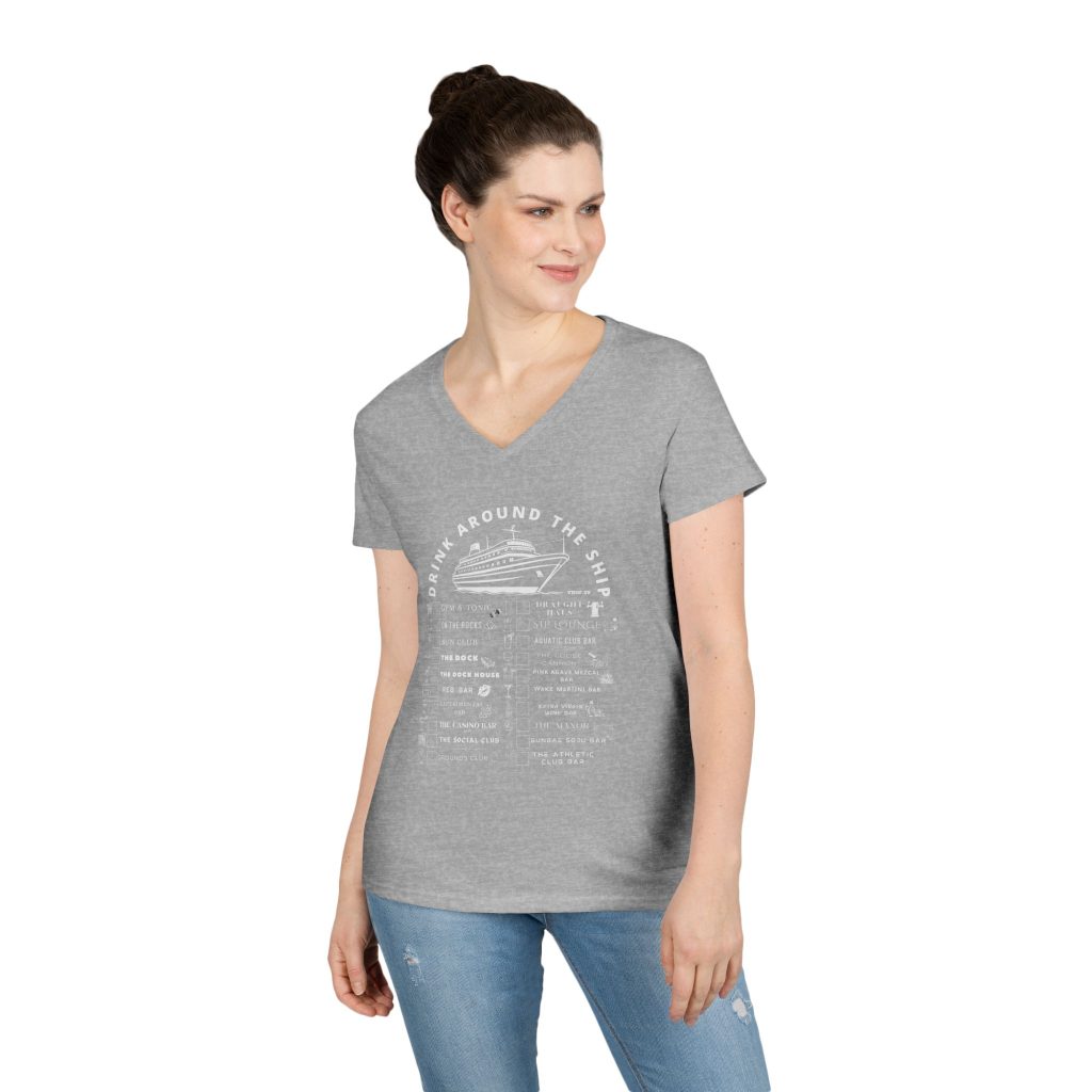 Ladies V-Neck Shirt in SPORT GREY Designed For The Virgin Voyages Resilient Lady Cruise Ship With a Drink Around The Ship Bar Crawl Graphic Displaying All 20 Bars & Lounges Onboard.